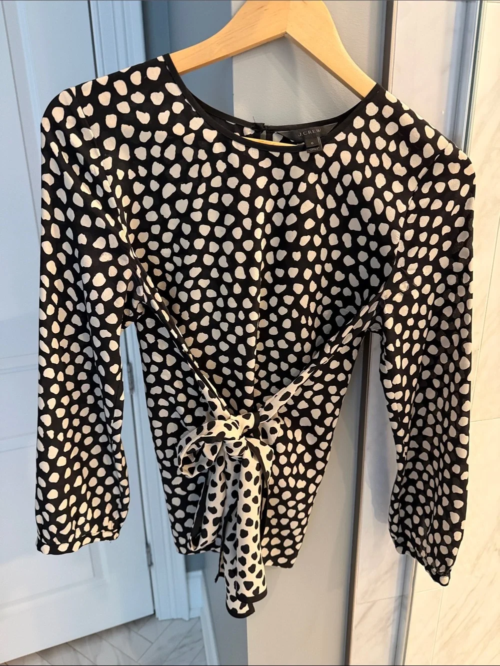 J.Crew Silk Black and White Polka Dot Tie-Waist Blouse
